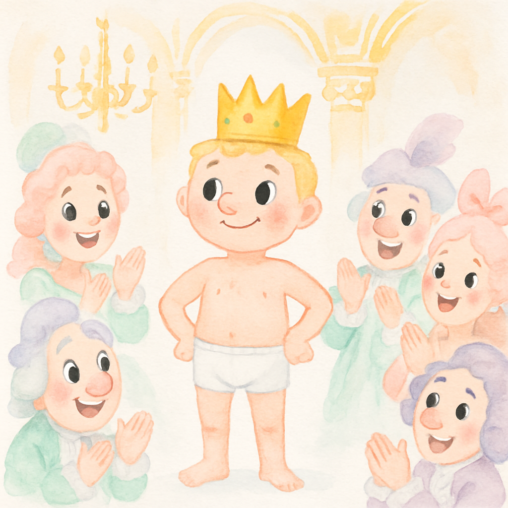 신하들이 모두 보이지 않는 옷에 박수치며 칭찬하는 장면